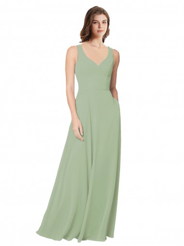 Online Humo Verde línea A Cuello de Corazón Gasa Largo Vestidos de dama de honor