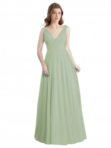 Online Humo Verde línea A Cuello en V Gasa Largo Vestidos de dama de honor