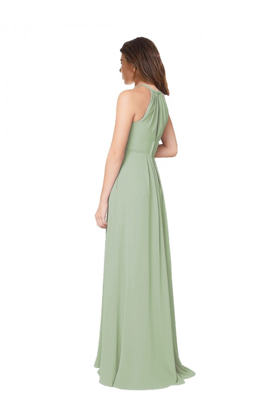 Online Humo Verde línea A Halter Gasa Largo Vestidos de dama de honor