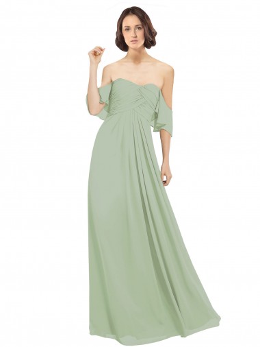 Online Humo Verde línea A Hombros Descubiertos Gasa Largo Vestidos de dama de honor