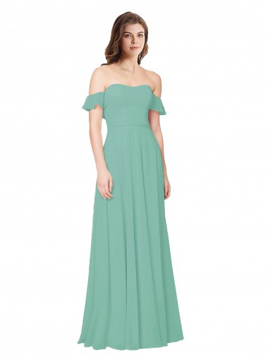 Online Jade línea A Hombros Descubiertos Gasa Largo Vestidos de dama de honor