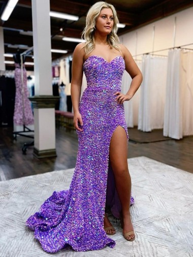 Online Lavanda línea A Cuello de Corazón Cola corte Lentejuelas Terciopelo Largo Vestidos de fiesta