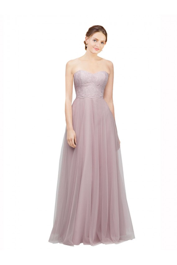 Online Light Lilac línea A Cuello de Corazón Tul Encaje Largo Vestidos de dama de honor