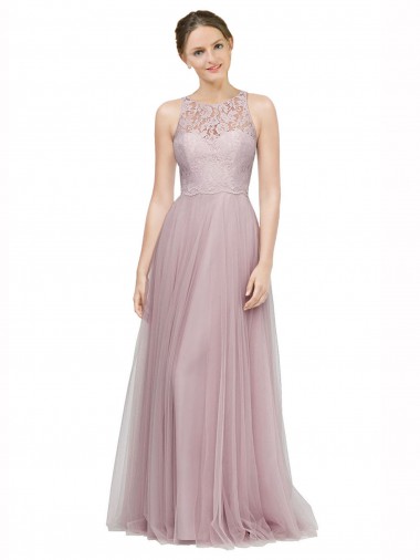 Online Light Lilac línea A Cuello de Corazón Tul Encaje Largo Vestidos de dama de honor