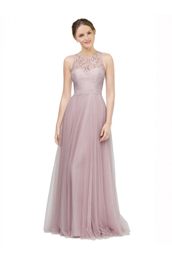 Online Light Lilac línea A Cuello de Corazón Tul Encaje Largo Vestidos de dama de honor