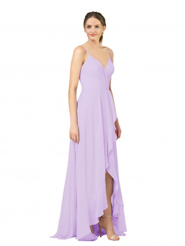 Online Lila Cubierta Cuello en V Gasa Largo Asimétrico Vestidos de dama de honor