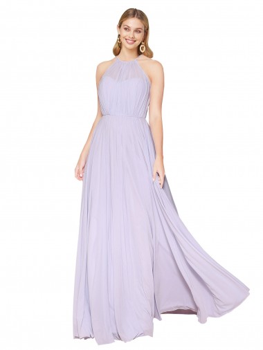 Online Lila línea A Halter Cuello Alto Gasa Largo Formales Vestidos de dama de honor / Vestidos de fiesta