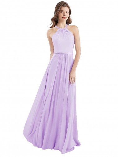 Online Lila línea A Halter Gasa Largo Vestidos de dama de honor
