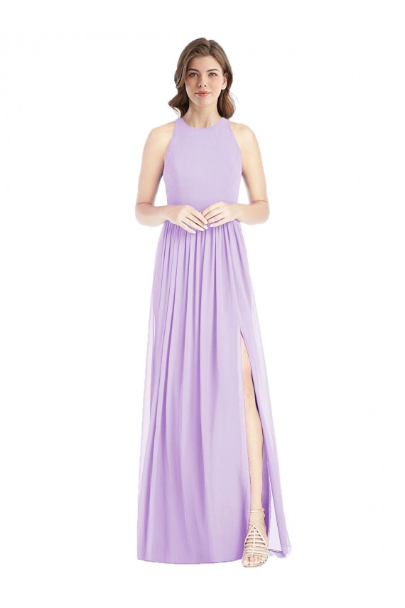 Online Lila línea A Halter Gasa Largo Vestidos de dama de honor
