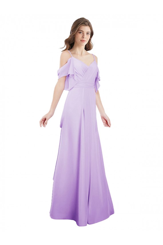 Online Lila línea A Hombros Descubiertos Tirantes espagueti Gasa Largo Vestidos de dama de honor
