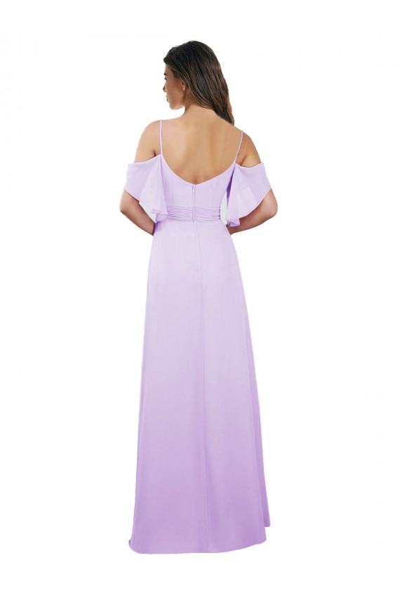 Online Lila línea A Hombros Descubiertos Tirantes espagueti Gasa Largo Vestidos de dama de honor