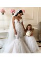 Online Marfil Barco Cola capilla Tul Encaje Largo vestidos de niña de las flores
