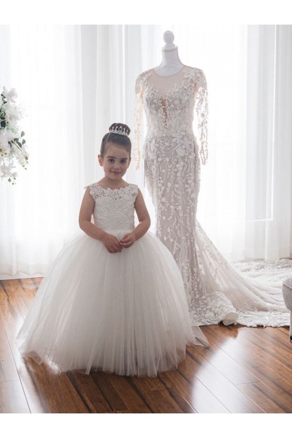 Online Marfil Barco Cola capilla Tul Encaje Largo vestidos de niña de las flores