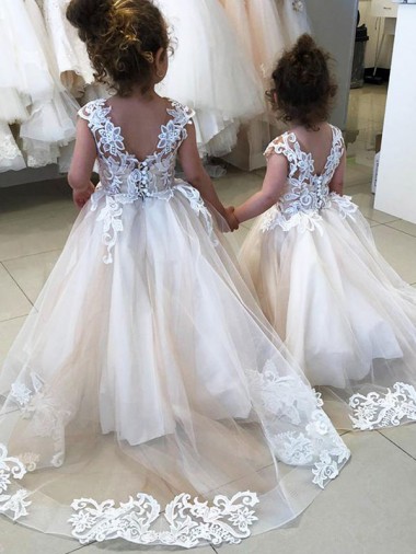 Online Marfil Barco Cola capilla Tul Encaje Largo vestidos de niña de las flores