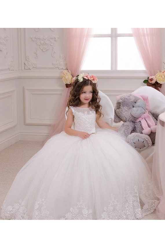 Online Marfil Barco Cola capilla Tul Encaje Largo vestidos de niña de las flores