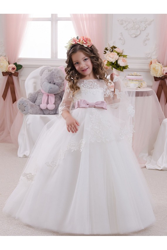 Online Marfil Barco Cola capilla Tul Encaje Largo vestidos de niña de las flores