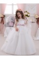 Online Marfil Barco Cola capilla Tul Encaje Largo vestidos de niña de las flores
