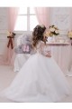 Online Marfil Barco Cola capilla Tul Encaje Largo vestidos de niña de las flores
