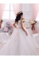 Online Marfil Barco Cola capilla Tul Encaje Largo vestidos de niña de las flores