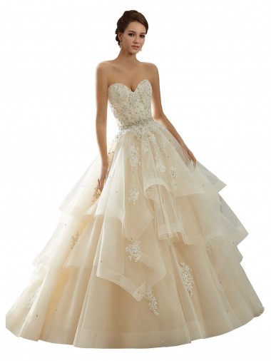 Online Marfil & Champán Cuello de Corazón Cola capilla Tul Encaje Vestidos de novia
