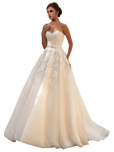 Online Marfil & Champán Cuello de Corazón Cola capilla Tul Encaje Vestidos de novia