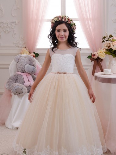 Online Marfil & Champán Cuello de Corazón Tul Encaje Largo vestidos de niña de las flores