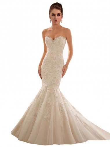 Online Marfil & Champán Sirena Cuello de Corazón Cola capilla Tul Encaje Vestidos de novia