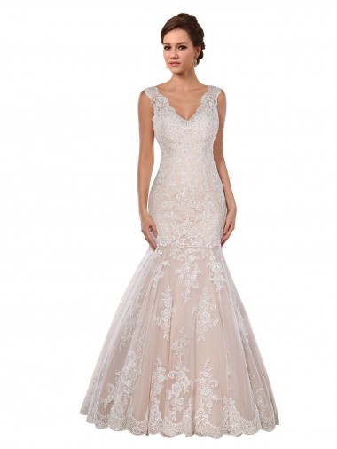 Online Marfil & Champán Sirena Cuello en V Cola capilla Encaje Clásico Vestidos de novia