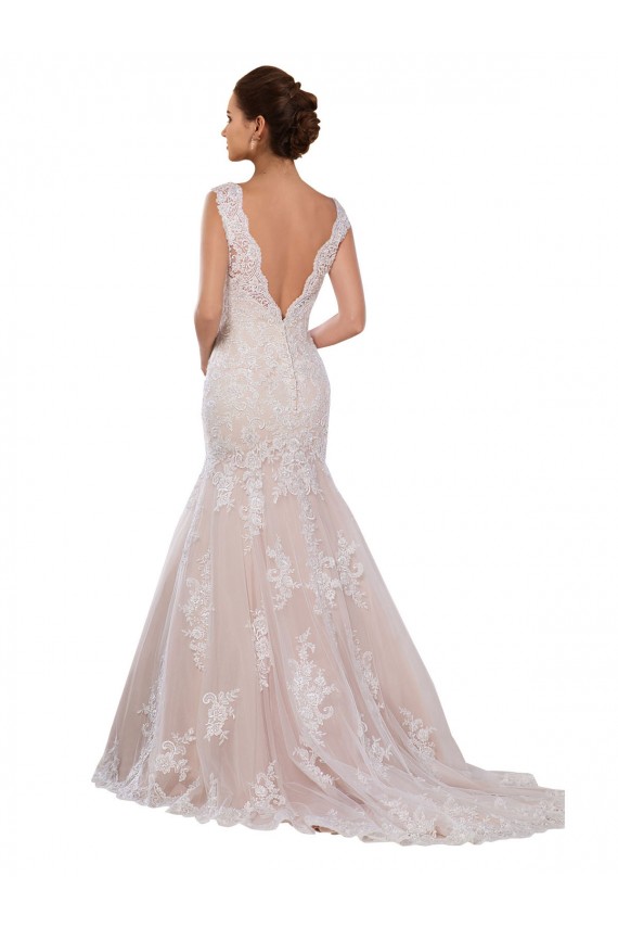 Online Marfil & Champán Sirena Cuello en V Cola capilla Encaje Clásico Vestidos de novia