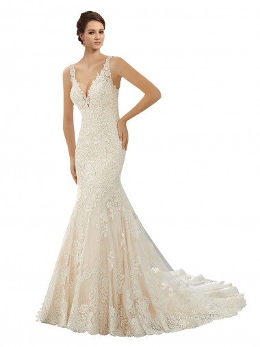 Online Marfil & Champán Sirena Cuello en V Cola capilla Encaje Vestidos de novia