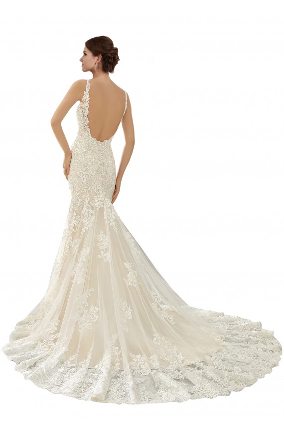 Online Marfil & Champán Sirena Cuello en V Cola capilla Encaje Vestidos de novia
