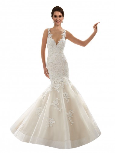Online Marfil & Champán Sirena Cuello en V Cola capilla Tul Encaje Clásico Vestidos de novia