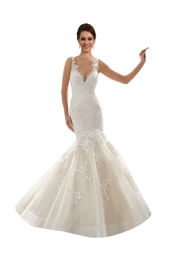 Online Marfil & Champán Sirena Cuello en V Cola capilla Tul Encaje Clásico Vestidos de novia