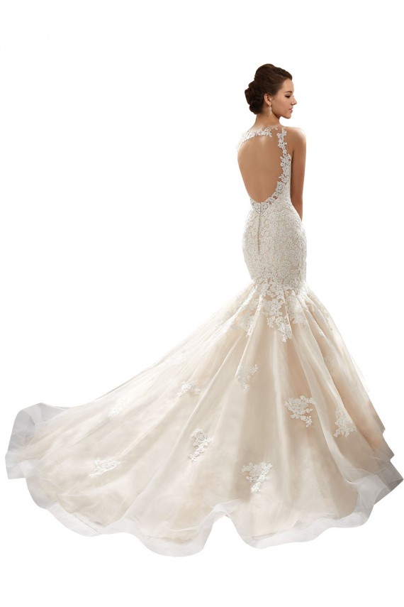 Online Marfil & Champán Sirena Cuello en V Cola capilla Tul Encaje Clásico Vestidos de novia
