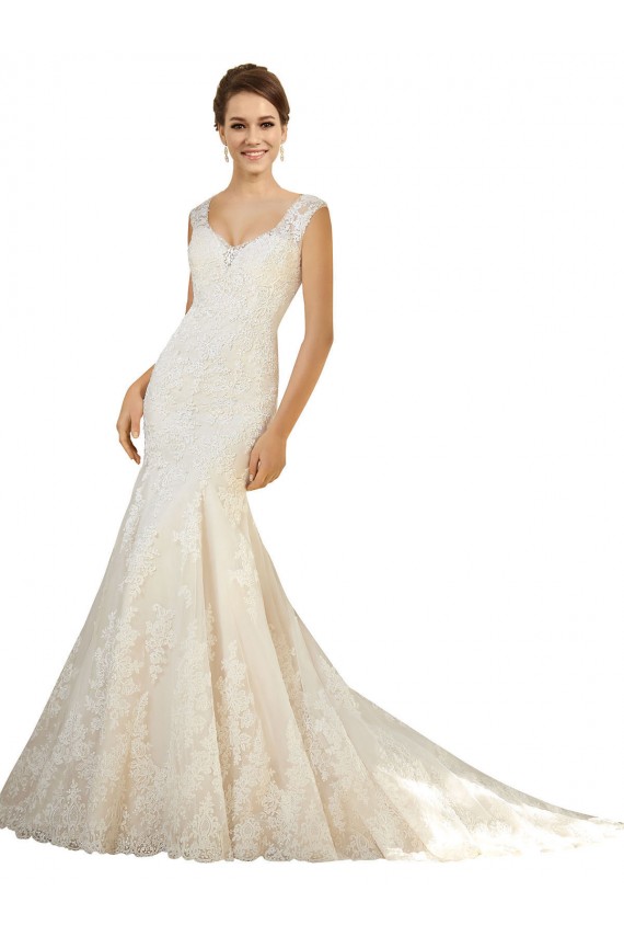 Online Marfil & Champán Sirena Cuello en V Cola capilla Tul Encaje Vestidos de novia