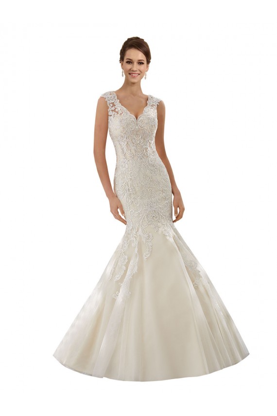 Online Marfil & Champán Sirena Cuello en V Cola capilla Tul Encaje Vestidos de novia
