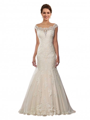 Online Marfil & Champán Sirena Hombros Descubiertos Cola capilla Encaje Boho Vestidos de novia