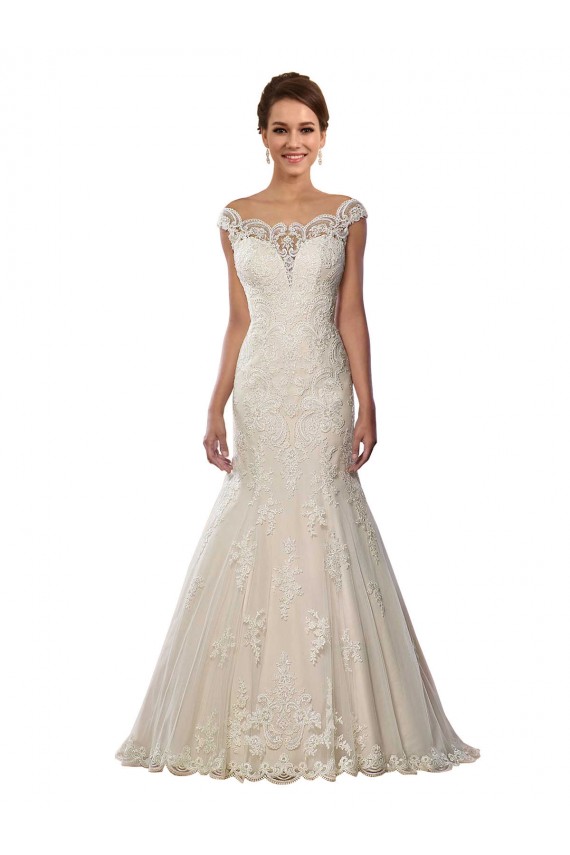 Online Marfil & Champán Sirena Hombros Descubiertos Cola capilla Encaje Boho Vestidos de novia