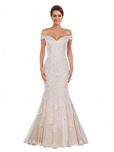 Online Marfil & Champán Sirena Hombros Descubiertos Cola capilla Encaje Clásico Vestidos de novia