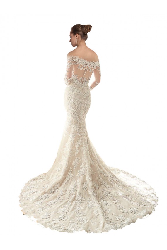 Online Marfil & Champán Sirena Hombros Descubiertos Cola capilla Tul Encaje Vestidos de novia