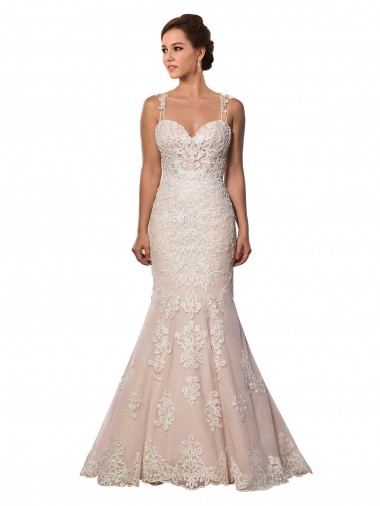 Online Marfil & Champán Sirena Tirantes espagueti Cola capilla Encaje Boho Vestidos de novia