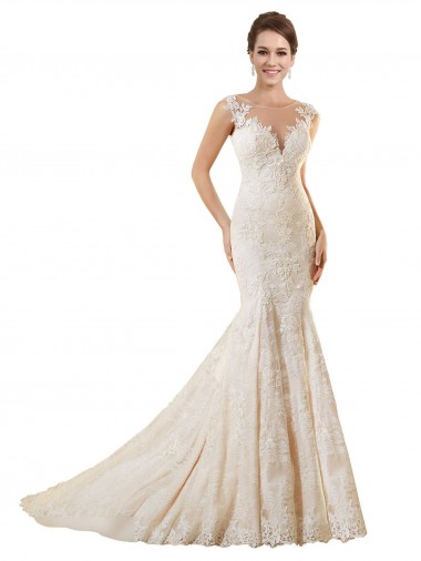 Online Marfil & Champán Sirena Ilusión Cola capilla Encaje Vestidos de novia