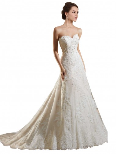 Online Marfil & Champán línea A Cuello de Corazón Cola capilla Tul Encaje Vestidos de novia