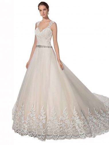 Online Marfil & Champán línea A Cuello de Corazón Cola capilla Tul Encaje Vestidos de novia