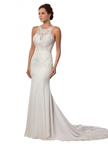 Online Marfil Cubierta Cuello Alto Cola capilla Encaje Vestidos de novia