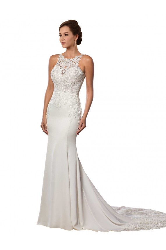 Online Marfil Cubierta Cuello Alto Cola capilla Encaje Vestidos de novia