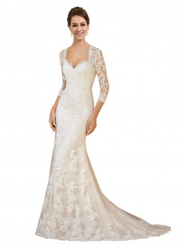 Online Marfil Cubierta Cuello de Corazón Cola capilla Encaje Vestidos de novia