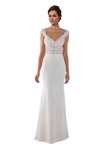 Online Marfil Cubierta Cuello en V Cola capilla Encaje Crepé Elástico Vestidos de novia