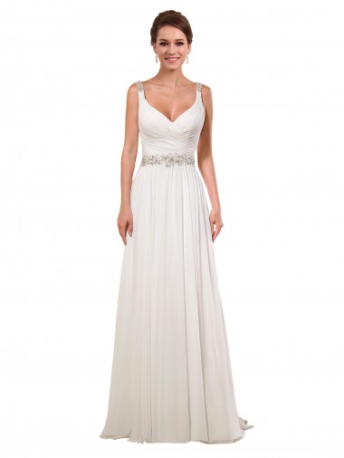 Online Marfil Cubierta Cuello en V Cola capilla Gasa Clásico Vestidos de novia