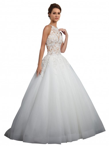 Online Marfil Cuello Alto Cola capilla Tul Encaje Vestidos de novia